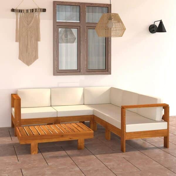 vidaXL Salon de Jardin 6 pcs avec Coussins Mobilier de Patio Meubles de Terrasse Meubles d'Extérieur Mobilier de Jardin Blanc Crème Bois d'Acacia