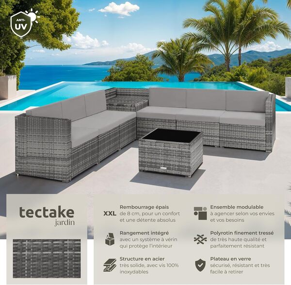 TecTake® Salon de Jardin Exterieur en Rotin 6 Places en Resine Tressee Modulable 6 Fauteuil Jardin Coffre de Rangement et Table en Verre Inclus pour Amenagement Balcon Terrasse – Gris