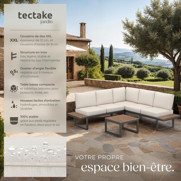 TecTake® Ensemble Salon de Jardin Exterieur 5 Personnes en Aluminium Canapé 5 Places & Table de Jardin, Coussins épais Inclus, Mobilier de Jardin Amenagement Balcon Terrasse Veranda Jardin