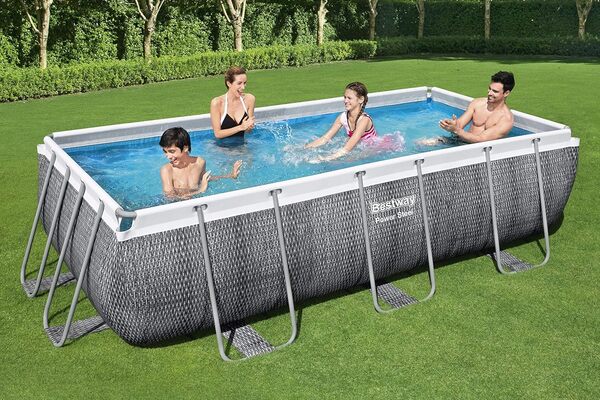 Bestway Power Steel Deluxe Frame Piscine rectangulaire avec Cadre en Acier Solide Livraison en kit Complet Aspect rotin 404 x 201 x 100 cm Marron