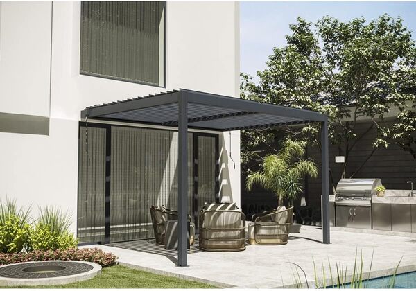 Habitat et Jardin Pergola bioclimatique adossée avec LED Windsor - 3 x 4 m - Anthracite