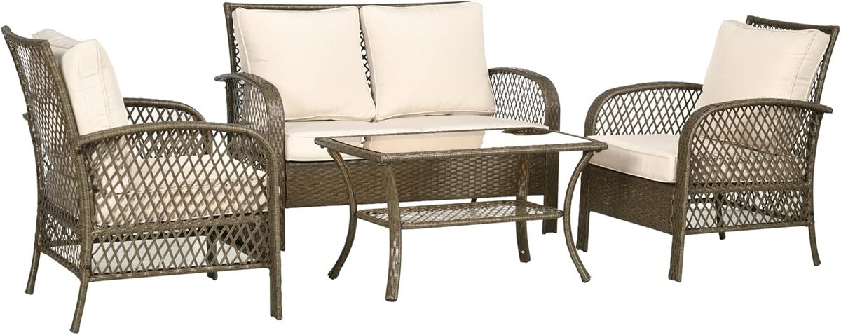 Salon Jardin 6 Personnes Outsunny - Table Rectangulaire + 6 Chaises Rotin PE - Verre Trempé
