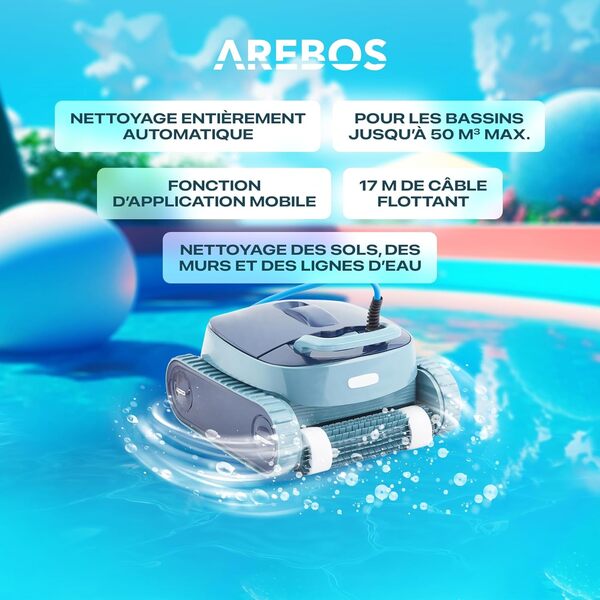Arebos Robot de Piscine Automatique | Runner de Piscine pour piscines jusqu'à Max. 100 m³ | Aspirateur de Piscine pour Mur, Sol et Ligne d'eau avec contrôle par Application | 3 Modes de Nettoyage