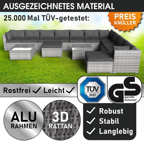BRAST Salon de Jardin 12 Personnes - 13 MODÈLES 4-12 Places - Salon de Jardin 11-12 Places Salon Bas de Jardin 12 Personnes rotin tressé alu, Dreams en Gris très Fin et élégant, Confort, résist, lav