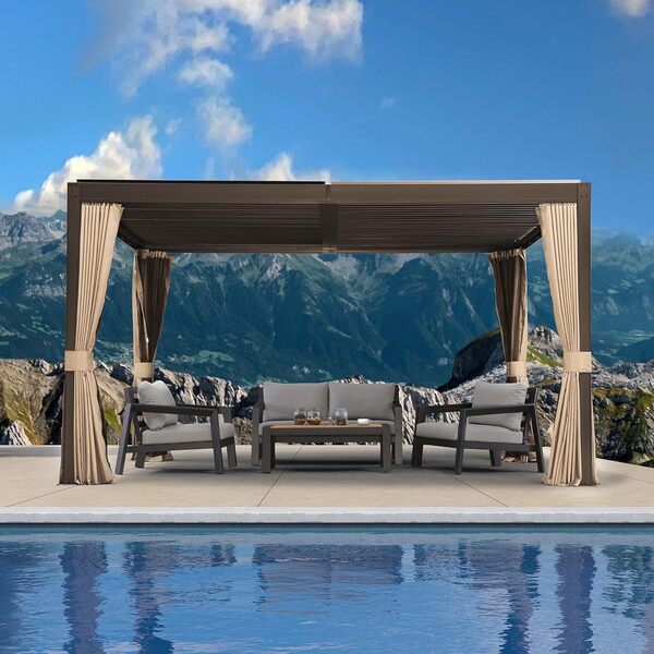 PURPLE LEAF Pergola Bioclimatique 4 x 3 m Pergola Aluminium avec Rideaux et Moustiquaire, Tonnelle de Jardin, Toit à Lames, Pavillon Autoportante pour Terrasse, Kaki