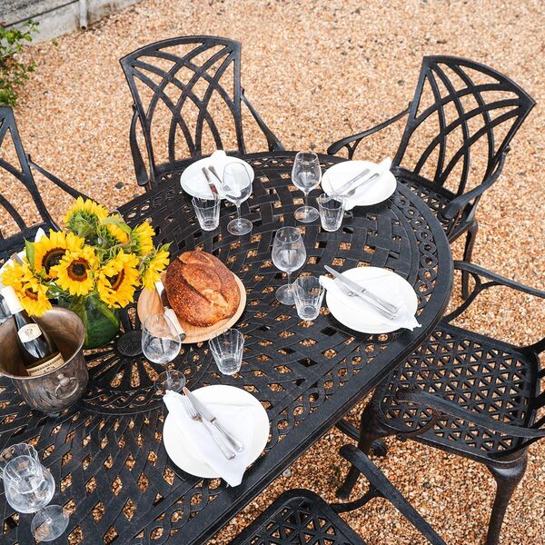 Lazy Susan Salon de Jardin: 208 cm Table Ovale Catherine en Bronze Ancien avec 8 Chaises April en Aluminium résistant aux intempéries | Facile à Assembler