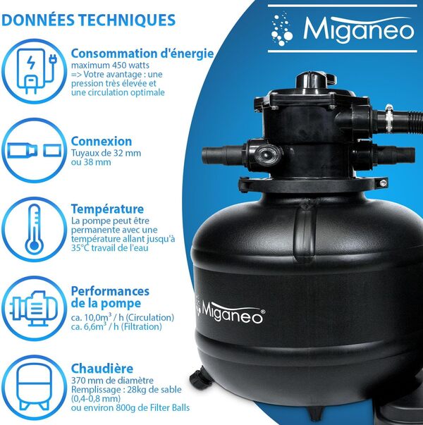 Miganeo Filtre à Sable Dynamic 10000 Pro - Noir | 10000 l/h | Système de filtration pour piscines | Chaudière 370 mm | auto-suceur