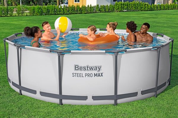 Bestway Steel Pro Max Frame Kit Piscine avec Pompe à Filtre Ø 366 x 100 cm, Gris Clair, Ronde