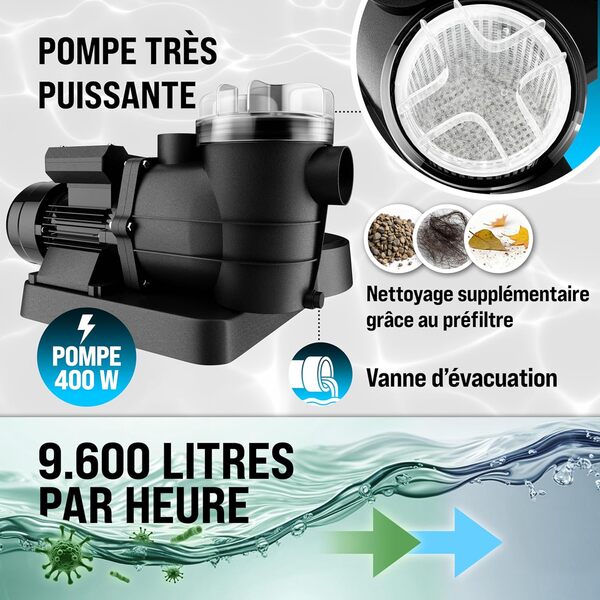 MONZANA® Système de filtre à sable 9.600l/h 400W pompe piscine préfiltre 30.000L auto-amorçage Ø32-38mm vanne 7 voies pompe filtre a sable 20kg