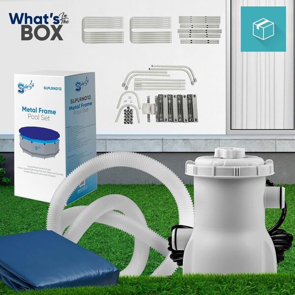 SereneLife Home Piscine hors sol ronde de 3,7 m, avec cadre en acier, durable, résistante à la corrosion et à la perforation, avec échelle, filtre, couvercle, pièces de rechange en plastique 7,6 x 3,7