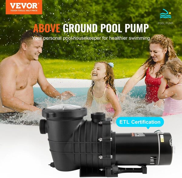 VEVOR HBP1100II, 1,5 HP, 100 GPM - Natation à vitesse unique, 110 V/240 V 3450 tr/min, pompe à tête maximale de 15,5 m avec panier filtrant, pour piscine hors sol, jacuzzi, spa, certifié UL, noir