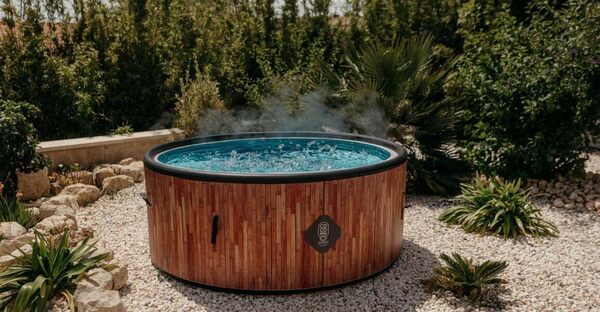 COCO SPA EXOTIK Spa Gonflable | 180 cm de diamètre | 1100 litres | Moteur 2240 W | Jusqu'à 6 Personnes | Massage 140 Jets | Imitation Bois Naturel