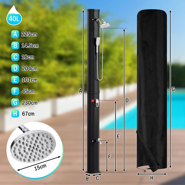 Herrselsam Douche Solaire de Jardin 40 l - avec Capot de Protection - Eau Chaude Max. 60 °C - sans raccordement électrique - Douche de Piscine