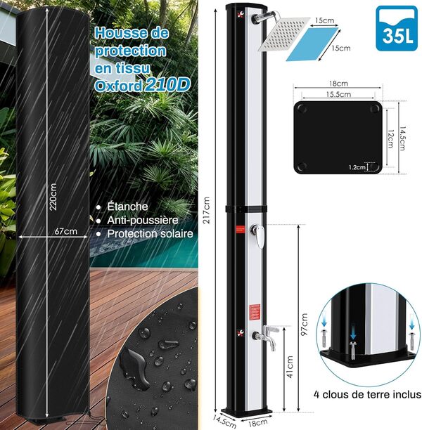 Douche Solaire 35L, 217cm, Douche de Jardin Solaire, Douche de Piscine avec Pommeau de Douche, Douche à Pieds et Housse de Protection, sans Raccordement Électrique, Température de l'Eau jusqu'à 60°C