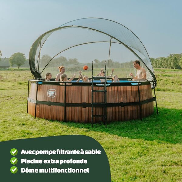 EXIT Toys Piscine Wood avec dôme multifonctionnelle - ø427x122cm - Grande piscine avec pompe à filtre à sable et échelle de piscine - Extra profonde - Pour une eau de piscine propre et chaude - Marron