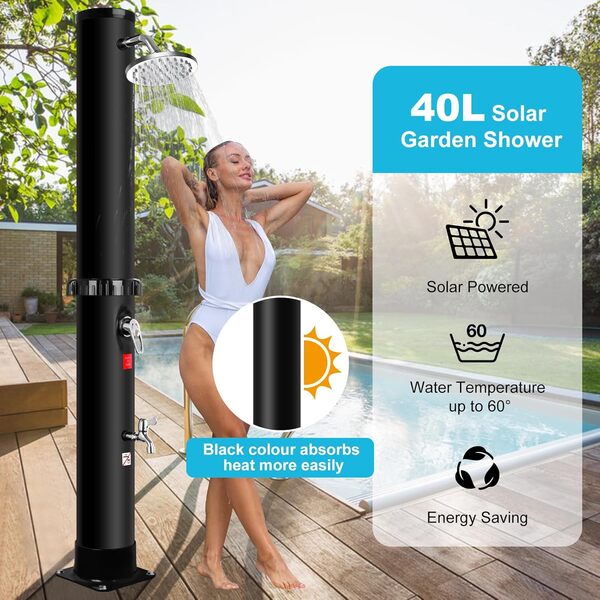 Douche Solaire 40 Litres, Eau Chaude Jusqu'à 60 °C, Température de L'eau Réglable, Douche de Jardin avec Pommeau de Douche Rotatif et Robinet à Pied, Douche Extérieure Pour Jardin, Piscine, Plage
