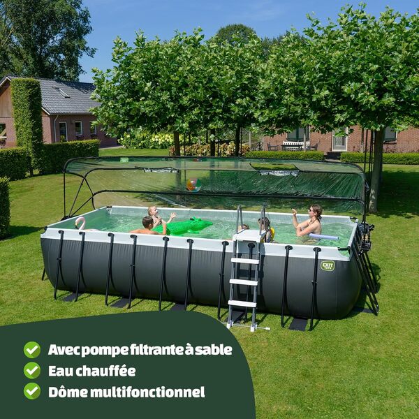 EXIT Toys Piscine Black Leather avec dôme - 400x200x122cm - Grande Piscine avec Pompe à Filtre à Sable, Pompe à Chaleur et échelle - Extra Profonde - Eau de Piscine Propre et Chaude - Noir