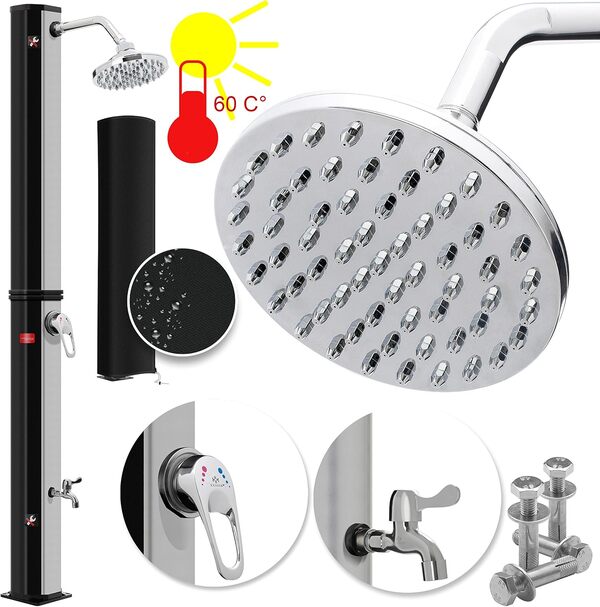 KESSER® Douche Solaire | Douche Solaire de Jardin 35 litres | Eau Chaude | Maximum 60°C | sans raccordement électrique | Douche de Piscine et Camping| Pommeau de Douche Effet Pluie, Noir Argent