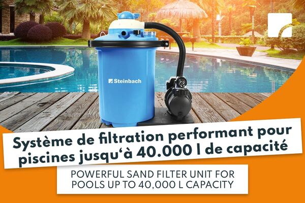 Steinbach Système de filtration Comfort 75-040100 - Pompe auto-amorçante pour piscines jusqu'à 40.000 l - Avec préfiltre, manomètre, minuterie et écran LED - Adaptateur INTEX spécial 2
