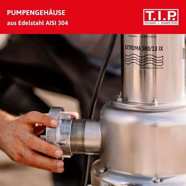 T.I.P. Extrema 500/13 Pro Pompe d'Eau Submersible Robuste Débit de 30000 l/h Thermorésistant Jusqu'à 50 °C Hauteur de Refoulement 14 mètres en Inox et Unité Hydraulique en Fonte Couleur Argent