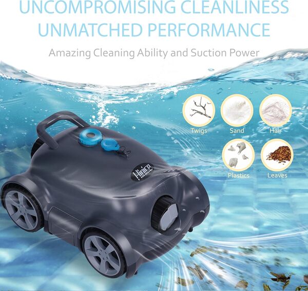 Hinice Robot nettoyeur de piscine sans fil, robot aspirateur automatique pour piscines enterrées/excédentaires, autonomie de 150 minutes, étanchéité IPX8, couverture de 2200 m² (gris foncé)