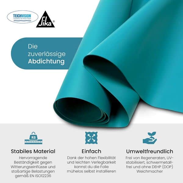 TeichVision - Bâche en PVC de qualité supérieure pour bassin - Bleu turquoise - Épaisseur : 1 mm - 14 m x 20 m - Film PVC bleu turquoise - Convient pour les étangs, les biotopes, les piscines