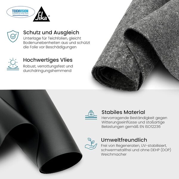 TeichVision - Bâche pour bassin en PVC – Épaisseur : 1 mm – 18 m x 25 m et non-tissé de bassin 300 g/film PVC noir avec non-tissé séparé en gris