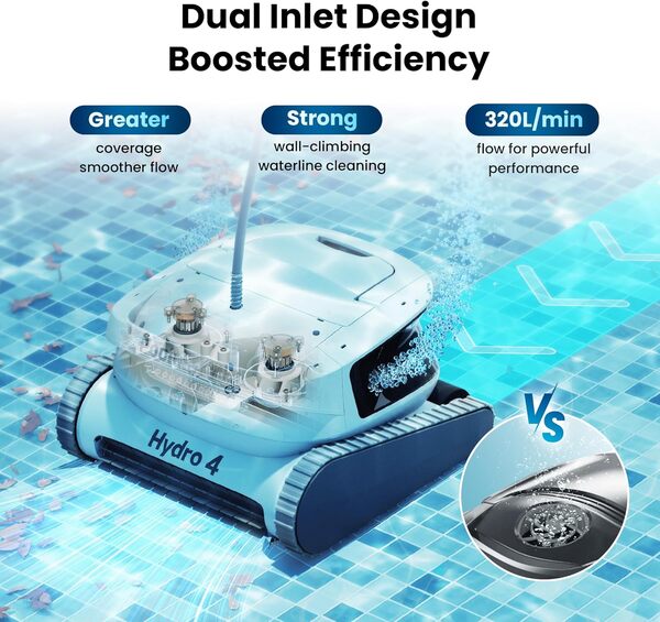 Poolmate Hydro 4 Robot nettoyeur de piscine pour piscine creusée et hors sol, sol, murs et lignes de flottaison, contrôle intelligent par application avec WiFi et Bluetooth, câble