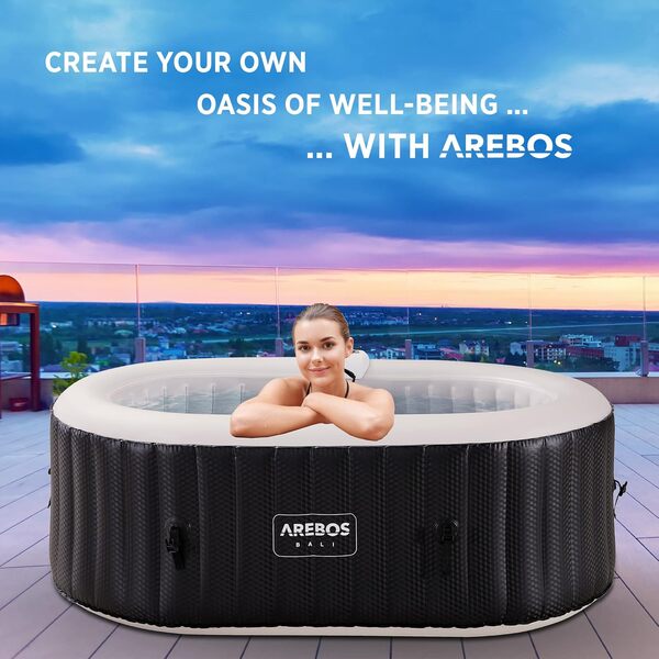 Arebos Spa Gonflable avec éclairage LED | Gonflable | Intérieur & Extérieur | 190x120 cm Ovale | 2 Personnes | 90 Jets de Massage | avec Chauffage | 550 litres | Couverture Incluse | Bubble Spa