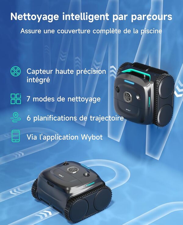 WYBOT C2 Robot Piscine sans Fil pour Piscines Enterrées 150㎡, Double Filtration, 3 Moteurs, Aspiration Puissante, Nettoyage Parois & Ligne d'eau, 180 Min, App(Noir-Vert Gris)