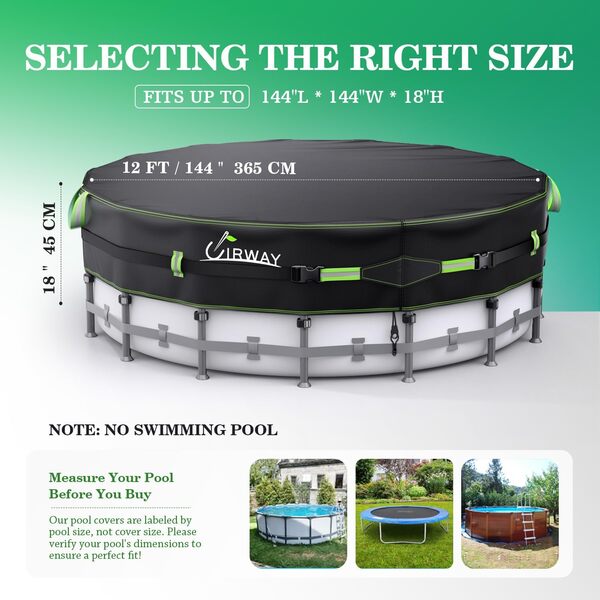 UIRWAY Couverture de piscine ronde 500D 3,7 m tissu robuste amélioré sangles super coupe-vent enduites de gel