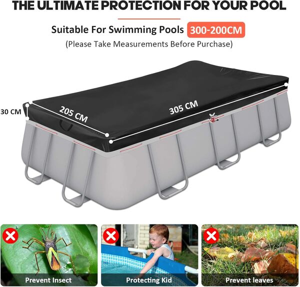 Bâche de Piscine Rectangulaire pour Piscine de 300-200 cm | Bâche de Piscine 305x205 cm | Résistant aux Déchirures | Bâche de Protection pour INTEX & BESTWAY Piscines (Œillets Noirs)