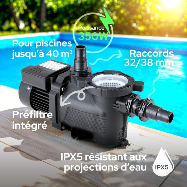 Arebos Pompe de piscine 350W | Pompe de filtration avec préfiltre & 9500 l/h | Pompe de piscine pour système de filtration à sable & système de filtration | puissante & efficace en énergie