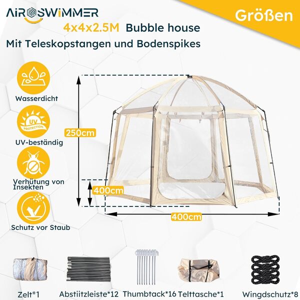 Bubble House – Grande Tente Transparente Ø 400 cm, Dôme Extérieur Panoramique 2 en 1 pour Piscine Hors Sol, Tente Bulle Protection Solaire et Vue Claire à 540°, Idéale pour Le Jardin et Le Camping.