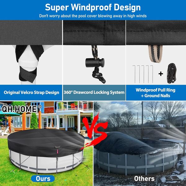QH.HOME Bâche de piscine ronde 500D résistante aux déchirures pour piscines hors sol, résistante à la décoloration, avec sangle coupe-vent, cordon de serrage, clous de sol – Noir